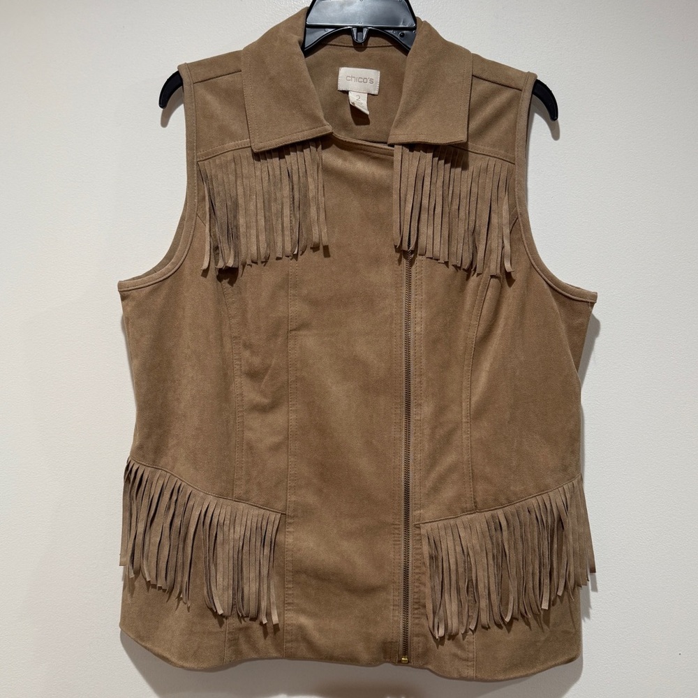 Chicos Faux Suede Fringe Western Moto Vest Sleeveless Jacket Sz 2 Large L Cowgir